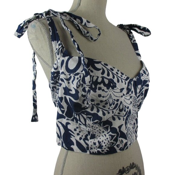 Eloquii Crop Top Tie Shoulder Floral Printed Blue & White Size 24 Summer Fun - Picture 5 of 10